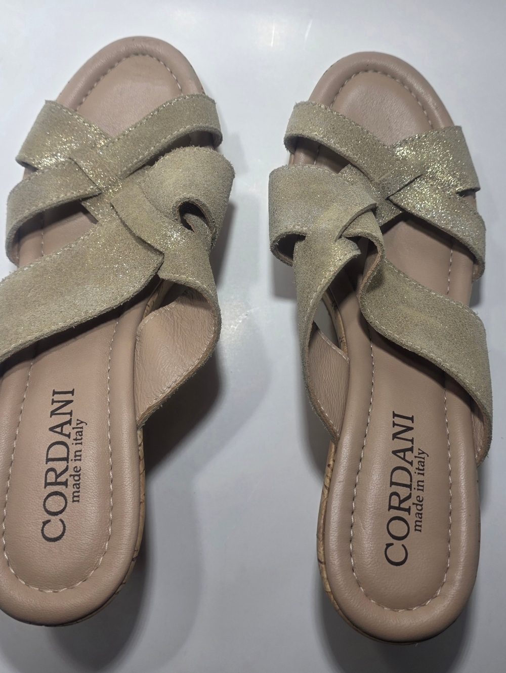 Cordani Gold Suede Leather Cork Wedge Sandals Women’s Size 8 Made In Italy...
